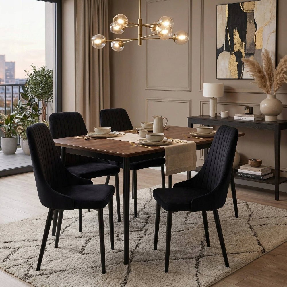 Scaun tapitat din catifea negru, picioare metalice negre, cusaturi verticale, pentru dining/sufragerie/birou, 88 cm - Reelken