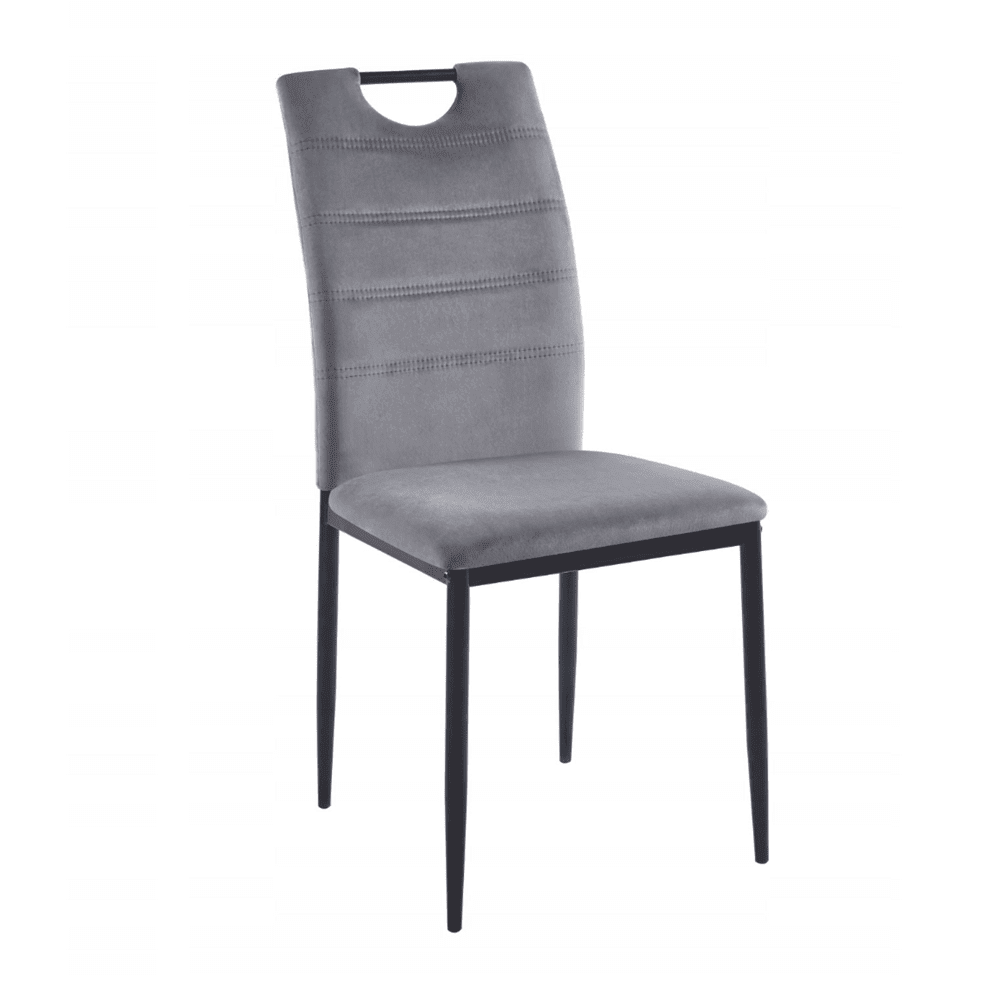 Scaun tapitat din catifea velvet gri, picioare metalice negre, cu maner pe spatar, pentru living/birou, 92 cm - Reelken