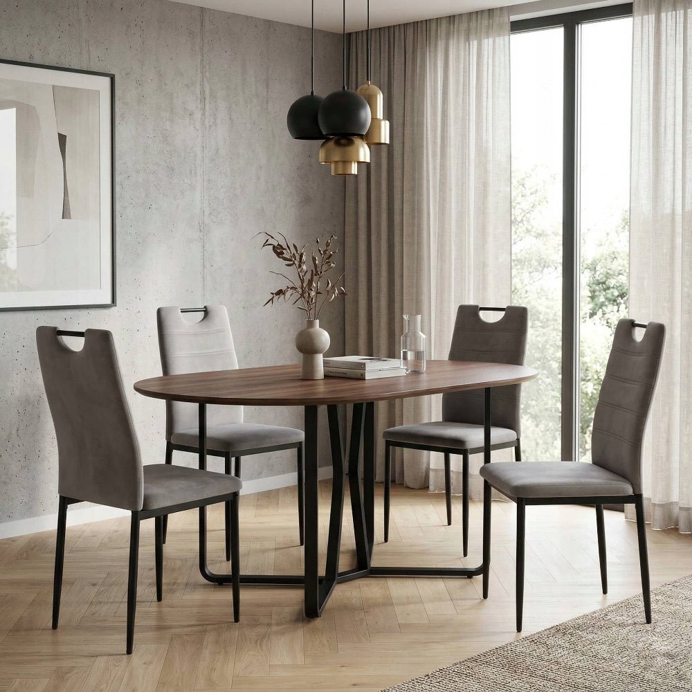 Scaun tapitat din catifea velvet gri, picioare metalice negre, cu maner pe spatar, pentru living/birou, 92 cm - Reelken