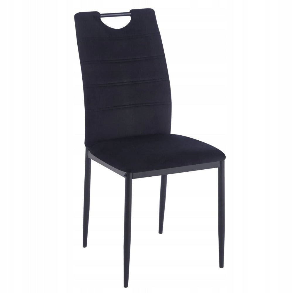 Scaun tapitat din catifea velvet neagra, picioare metalice negre, cu maner pe spatar, pentru living/birou, 92 cm - Reelken