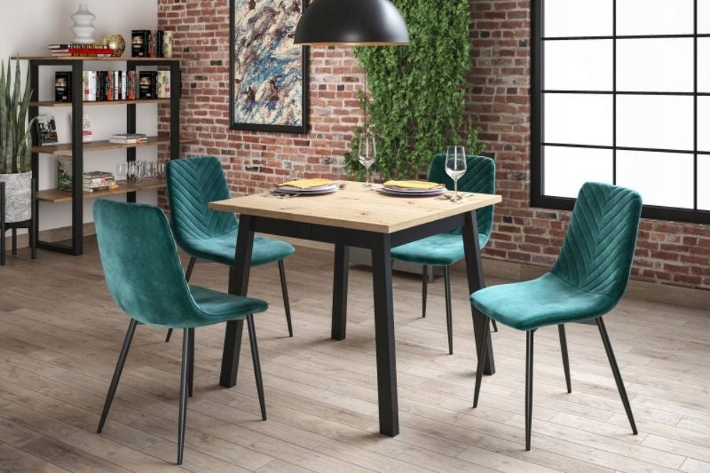 Scaun tapitat din catifea verde, spatar matlasat, picioare metalice negre, pentru dining/birou, 87 cm - Reelken