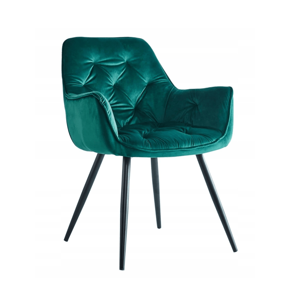 Scaun tapitat din catifea verde, spatar matlasat, picioare metalice negre, pentru living și dining, 83 cm - Reelken