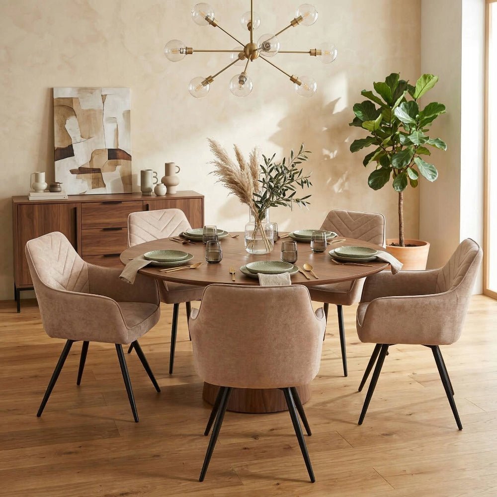 Scaun tapitat rotativ 180° cappuccino, material Davis Wind 11, sezut cu arcuri pocket, functie Auto-Return, picioare metalice negre, 84 cm - Reelken