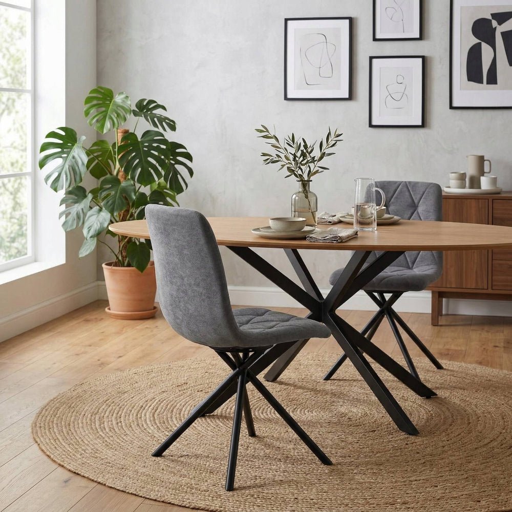 Scaun tapitat rotativ 360°, tesatura gri antracit, picioare metalice tip cruce, pentru living si dining, 88 cm - Reelken
