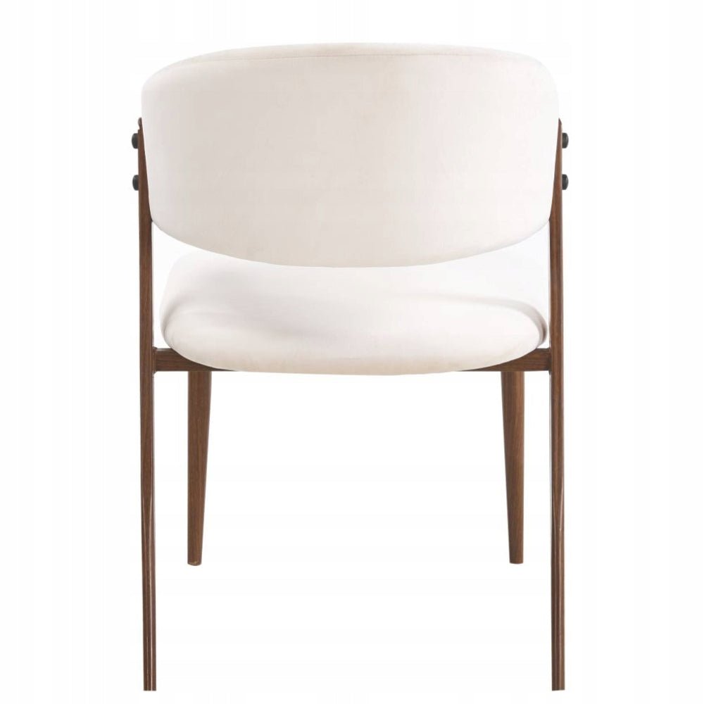 Scaun tapitat, velvet bej, spatar rotunjit tip cuva, picioare metalice maro aspect nuc, pentru living si dining 49x56x78 cm - Reelken
