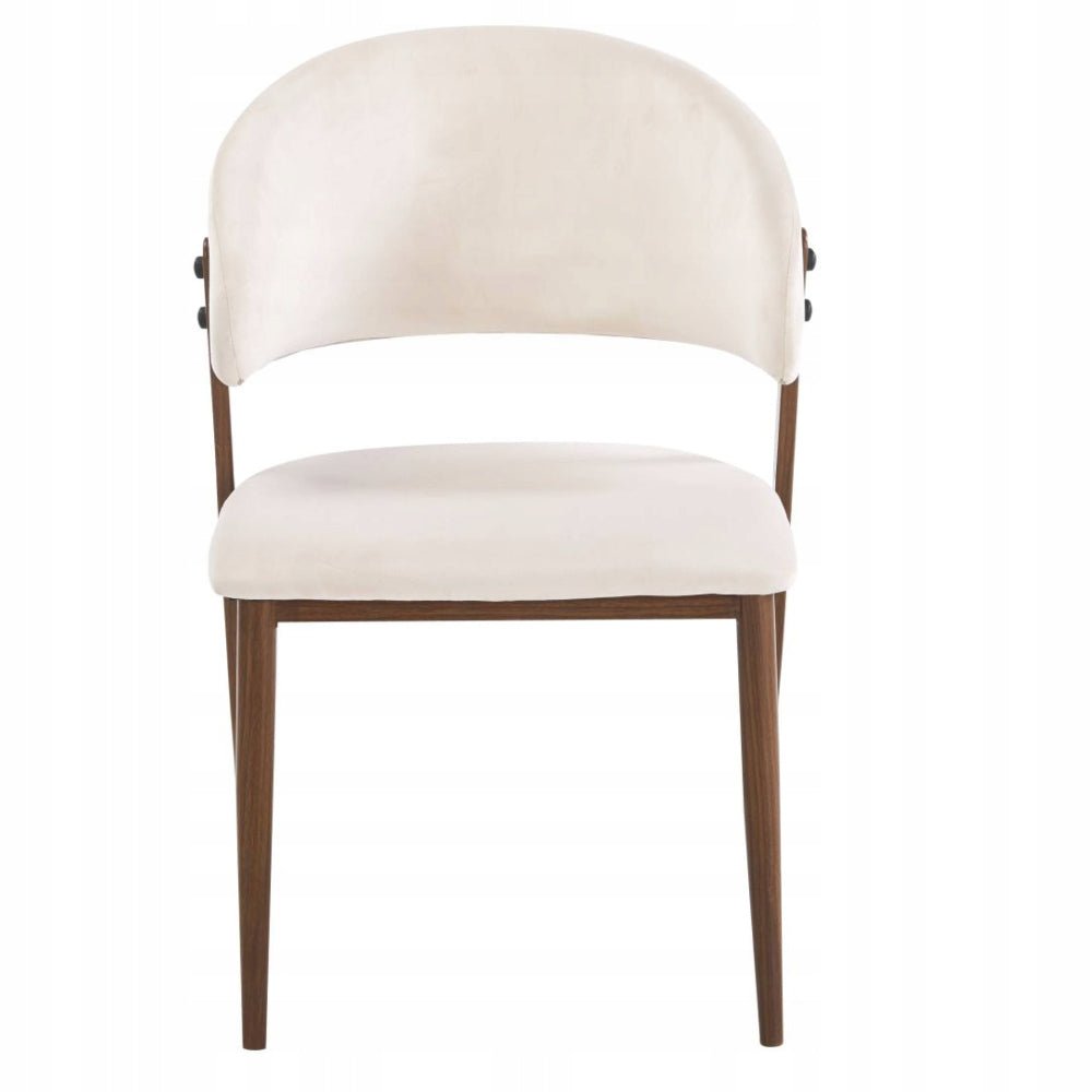 Scaun tapitat, velvet bej, spatar rotunjit tip cuva, picioare metalice maro aspect nuc, pentru living si dining 49x56x78 cm - Reelken