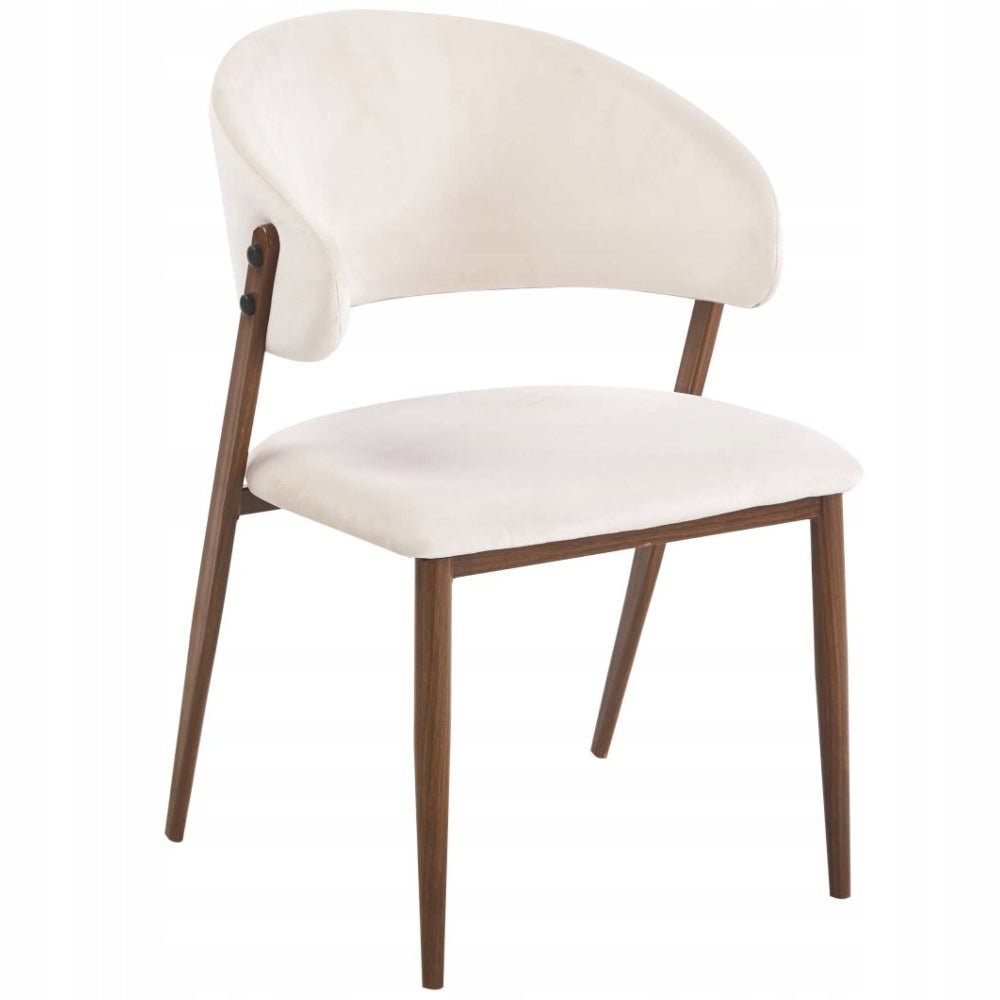 Scaun tapitat, velvet bej, spatar rotunjit tip cuva, picioare metalice maro aspect nuc, pentru living si dining 49x56x78 cm - Reelken