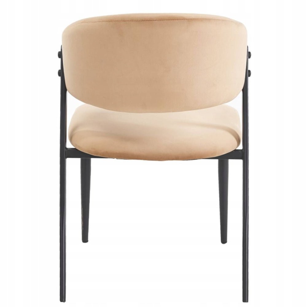 Scaun tapitat, velvet cappucino, spatar rotunjit tip cuva, picioare metalice negre mate, pentru living si dining 49x56x78 cm - Reelken