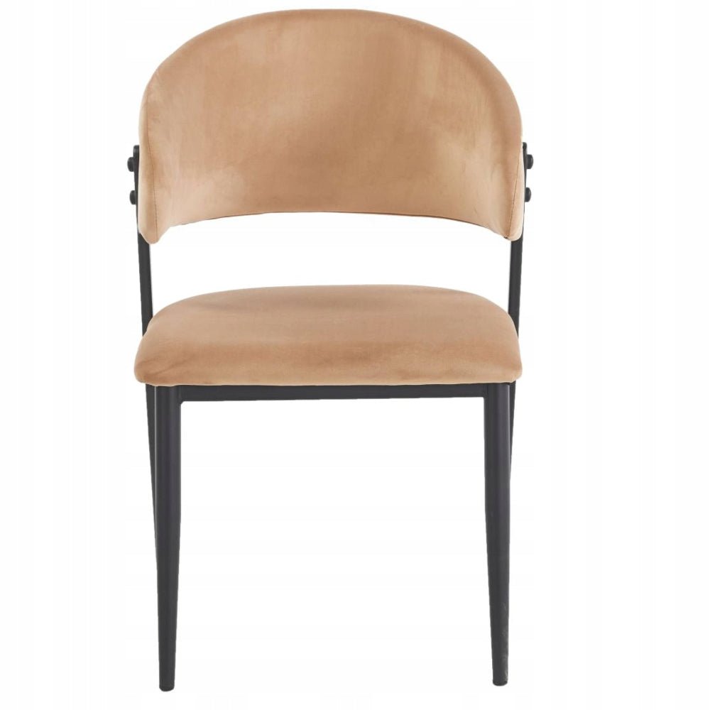 Scaun tapitat, velvet cappucino, spatar rotunjit tip cuva, picioare metalice negre mate, pentru living si dining 49x56x78 cm - Reelken