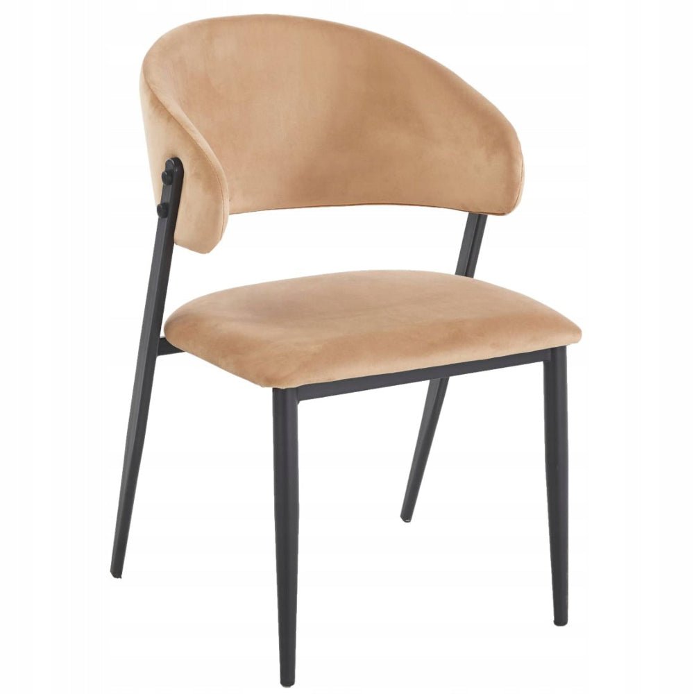 Scaun tapitat, velvet cappucino, spatar rotunjit tip cuva, picioare metalice negre mate, pentru living si dining 49x56x78 cm - Reelken