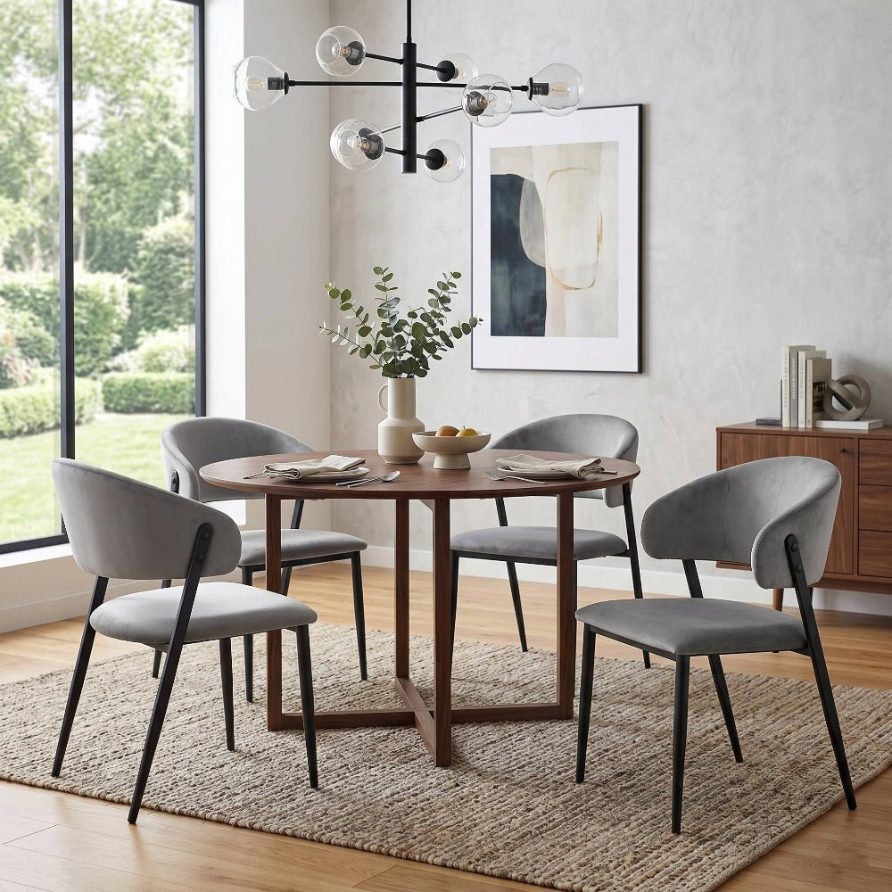 Scaun tapitat, velvet gri, spatar rotunjit tip cuva, picioare metalice negre mate, pentru living si dining 49x56x78 cm - Reelken