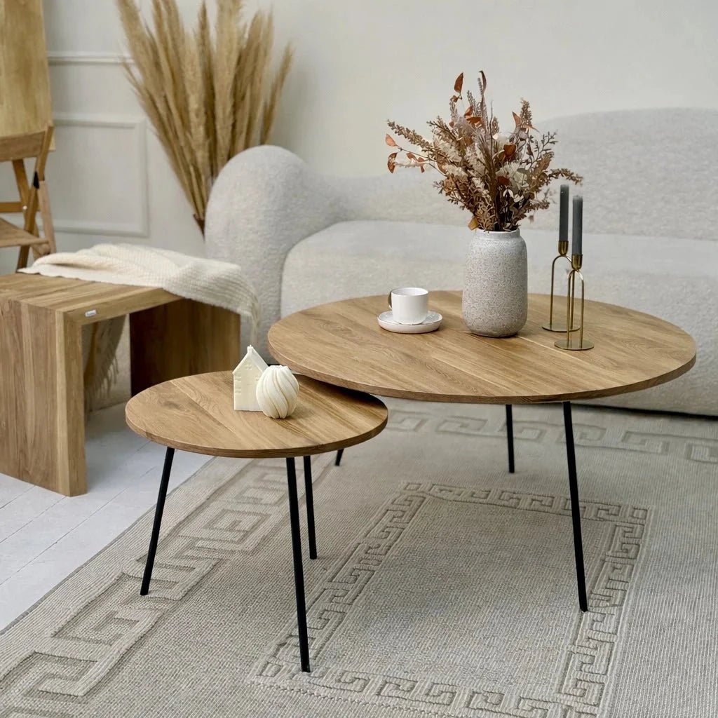 Set 2 Masute Cafea Rotunde Stejar Masiv – 50 cm si 90 cm – Design Modern, Rezistente, Montaj Rapid - Reelken