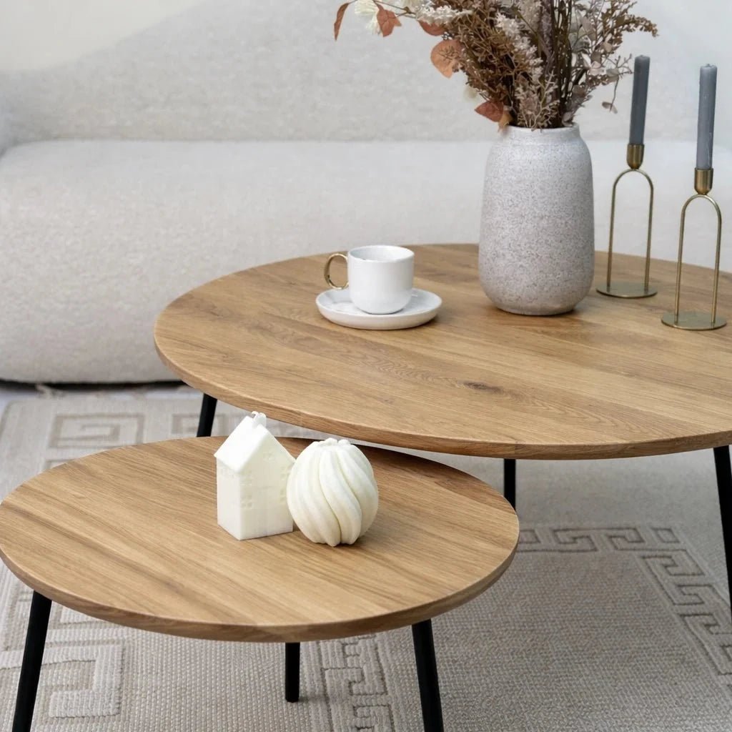 Set 2 Masute Cafea Rotunde Stejar Masiv – 50 cm si 90 cm – Design Modern, Rezistente, Montaj Rapid - Reelken