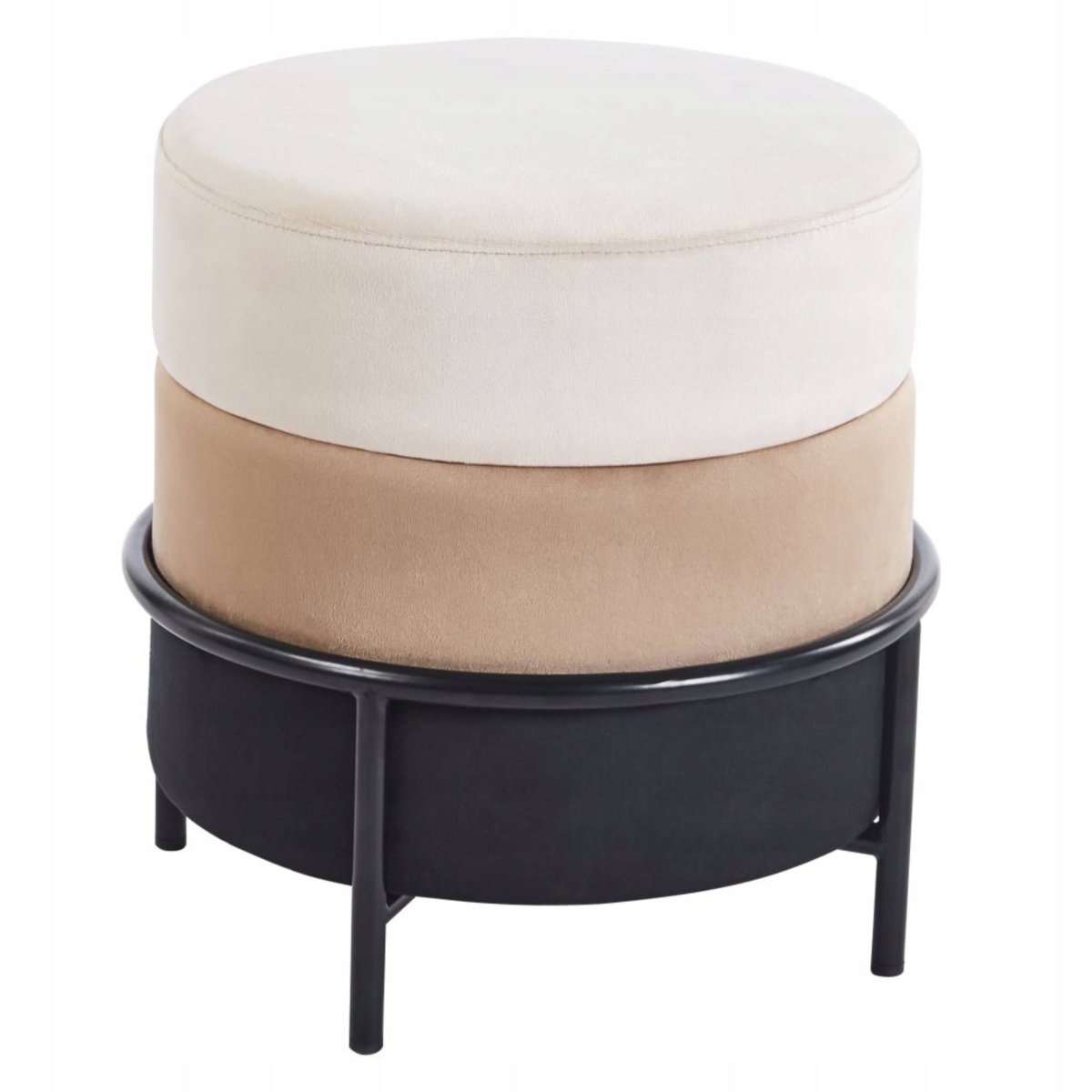 Taburet rotund tapitat din catifea, bej/cappuccino, stil Glamour, baza metalica neagra, 37x37x40 cm - Reelken