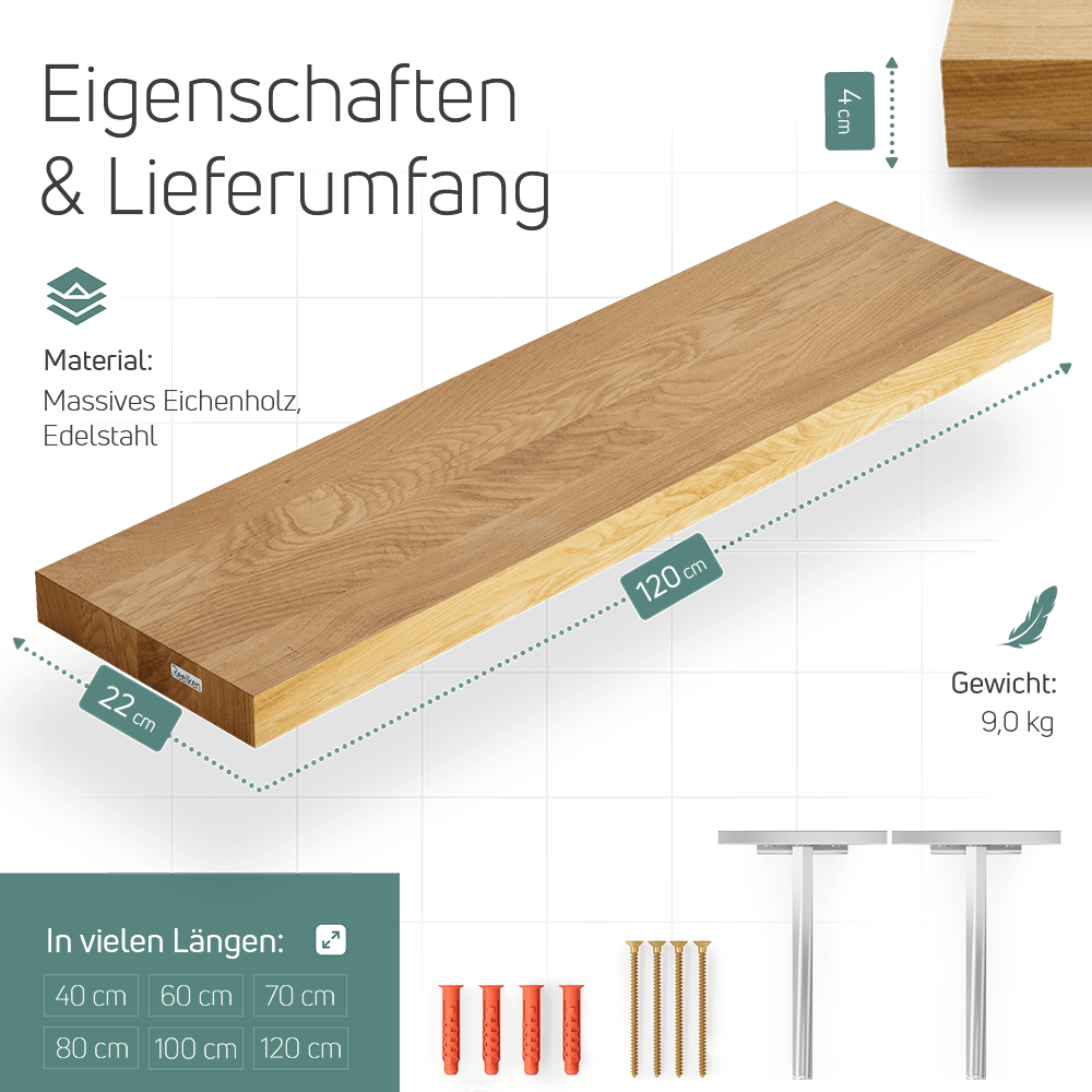 Massivholzregal aus Eiche - gerade Kanten 120x22x4 cm