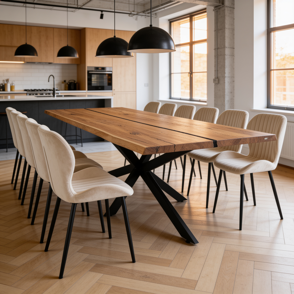 Eichenholztisch mit Harz – rustikales Modell für 12 Personen – 260x100x4 cm