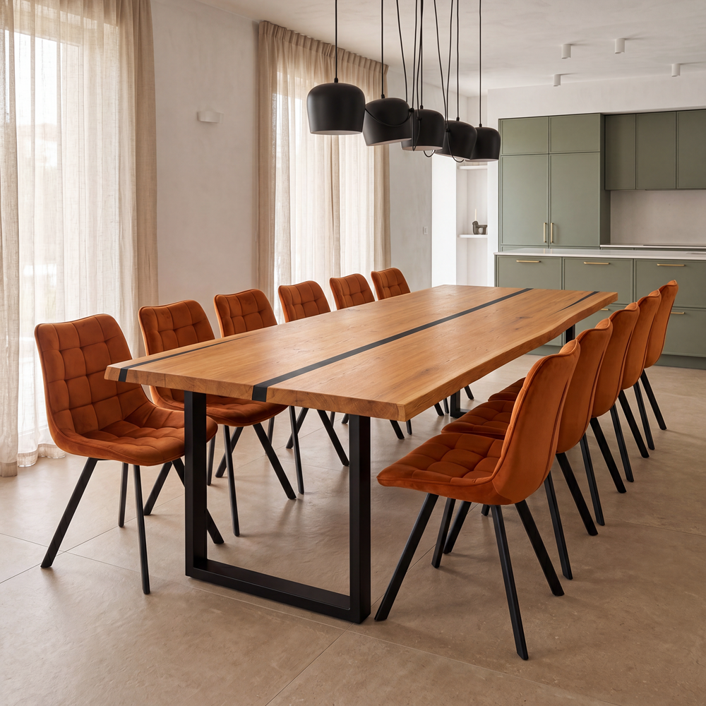 Eichenholztisch mit Harz – rustikales Modell für 12 Personen – 260x100x4 cm