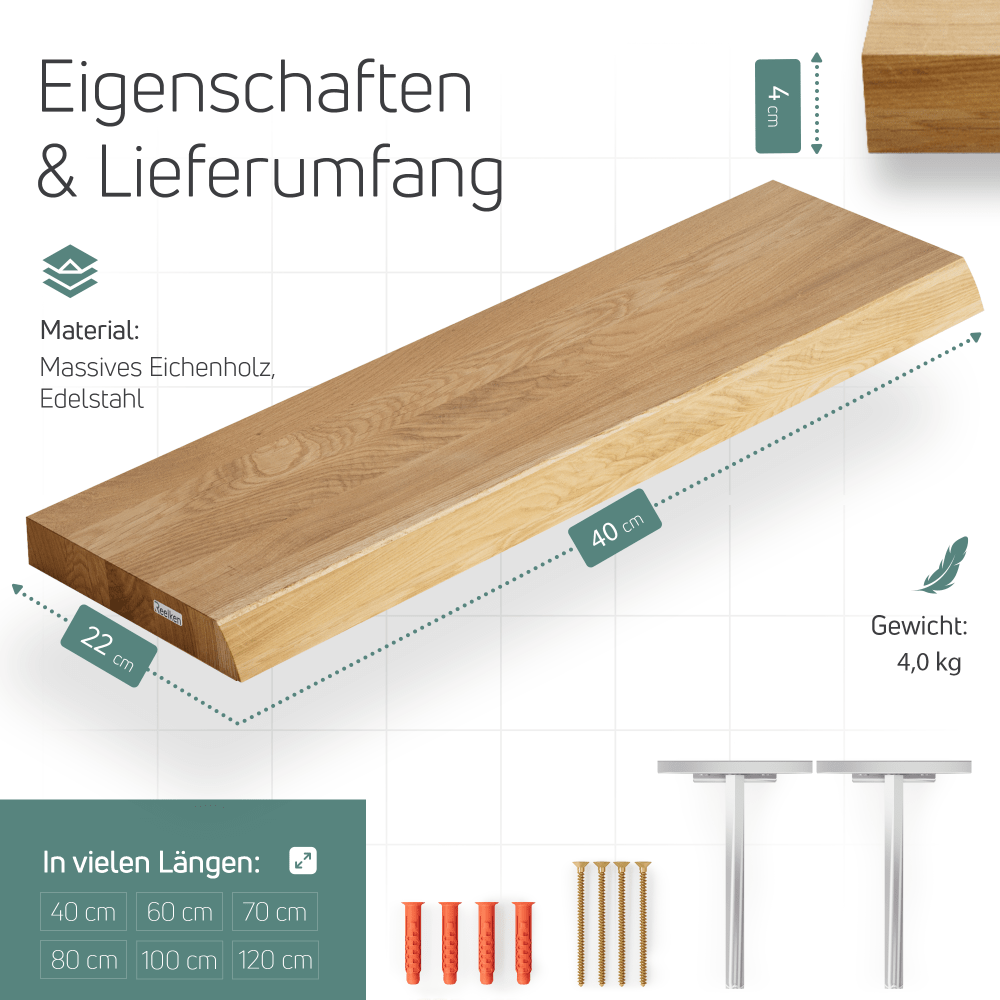 Regal aus massiver Eiche – natürliche Kanten 40x22x4 cm