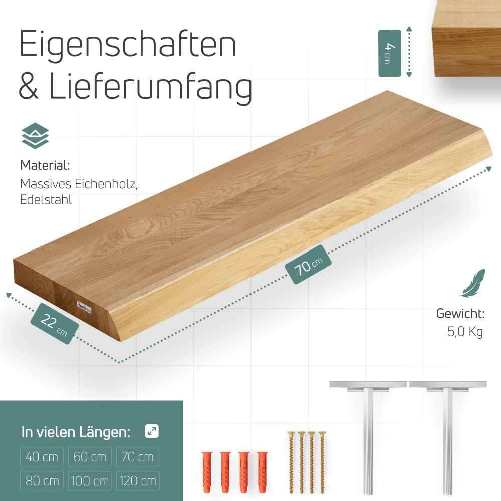Regal aus massiver Eiche – natürliche Kanten 70x22x4 cm