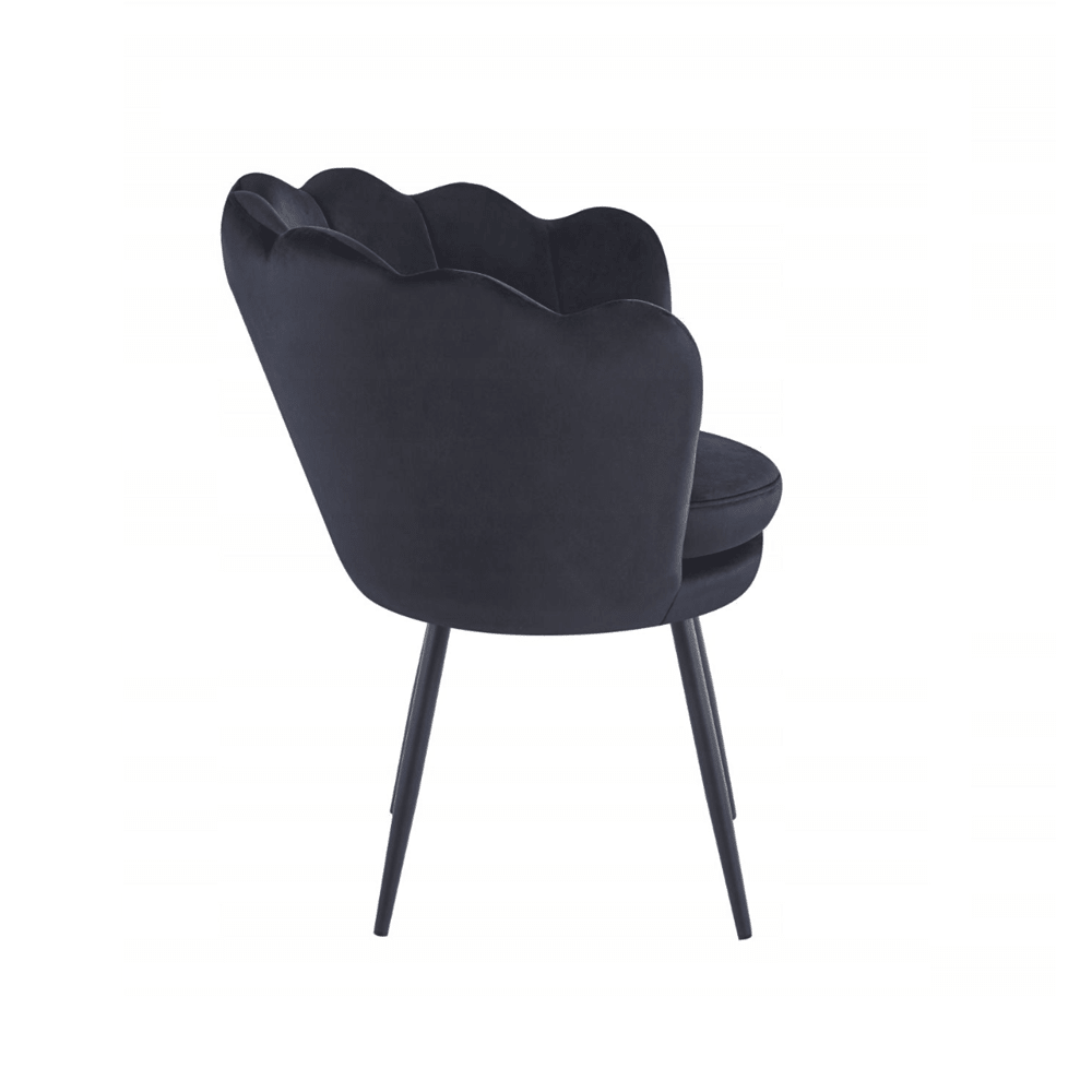 Fotoliu tapitat tip scoica din catifea negru, design modern Glamour, picioare metalice negre, 78x78 cm - Reelken