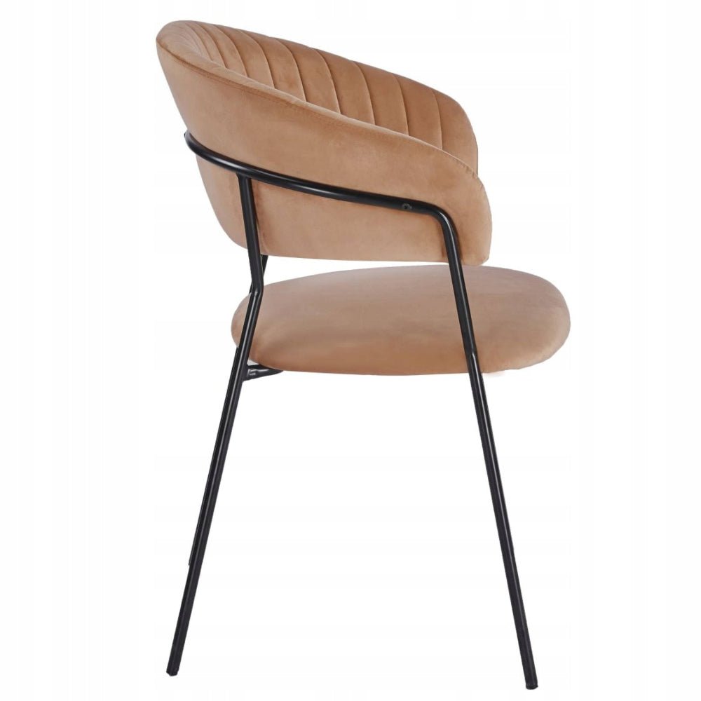 Scaun dining glamour, catifea velur cappucino, picioare metalice negre, stil Art Deco, cusaturi decorative - Reelken