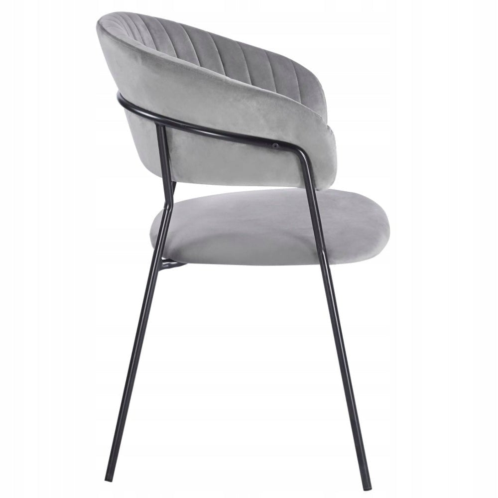Scaun dining glamour, catifea velur gri, picioare metalice negre, stil Art Deco, cusaturi decorative - Reelken