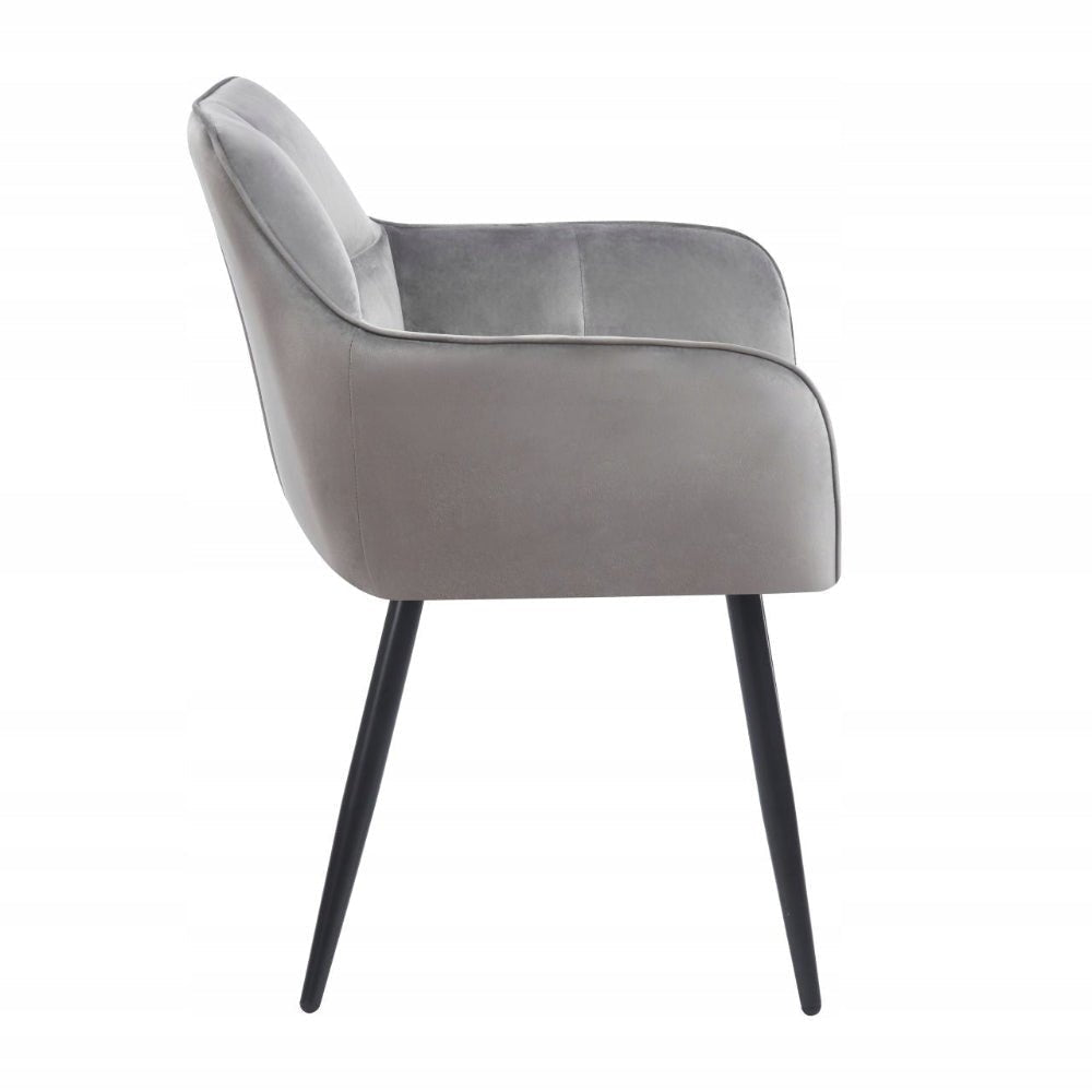 Scaun tapitat cu catifea, culoare gri, cu cotiere si spatar matlasat, stil modern/glamou, picioare metalice negre, 85 cm, - Reelken
