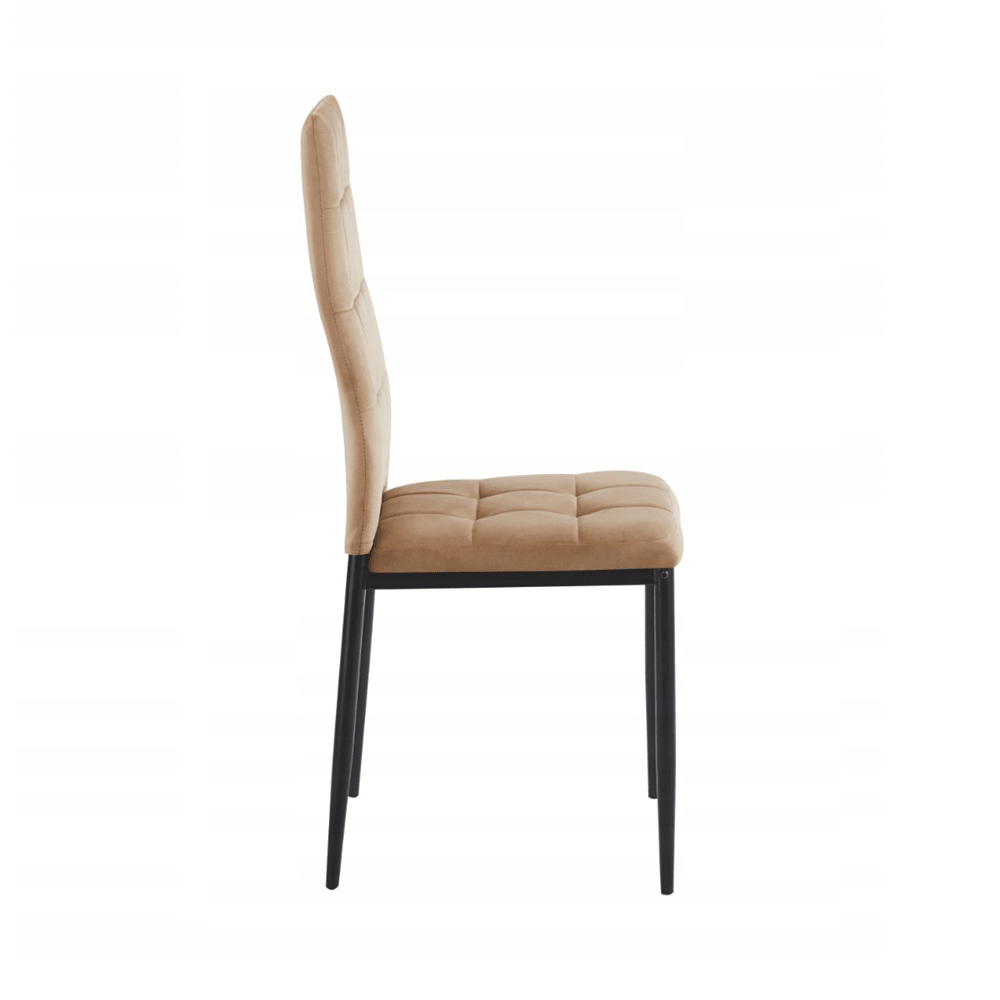 Scaun tapitat din catifea cappucino, design modern, spatar matlasat, picioare metalice negre, pentru living, dining sau birou - Reelken