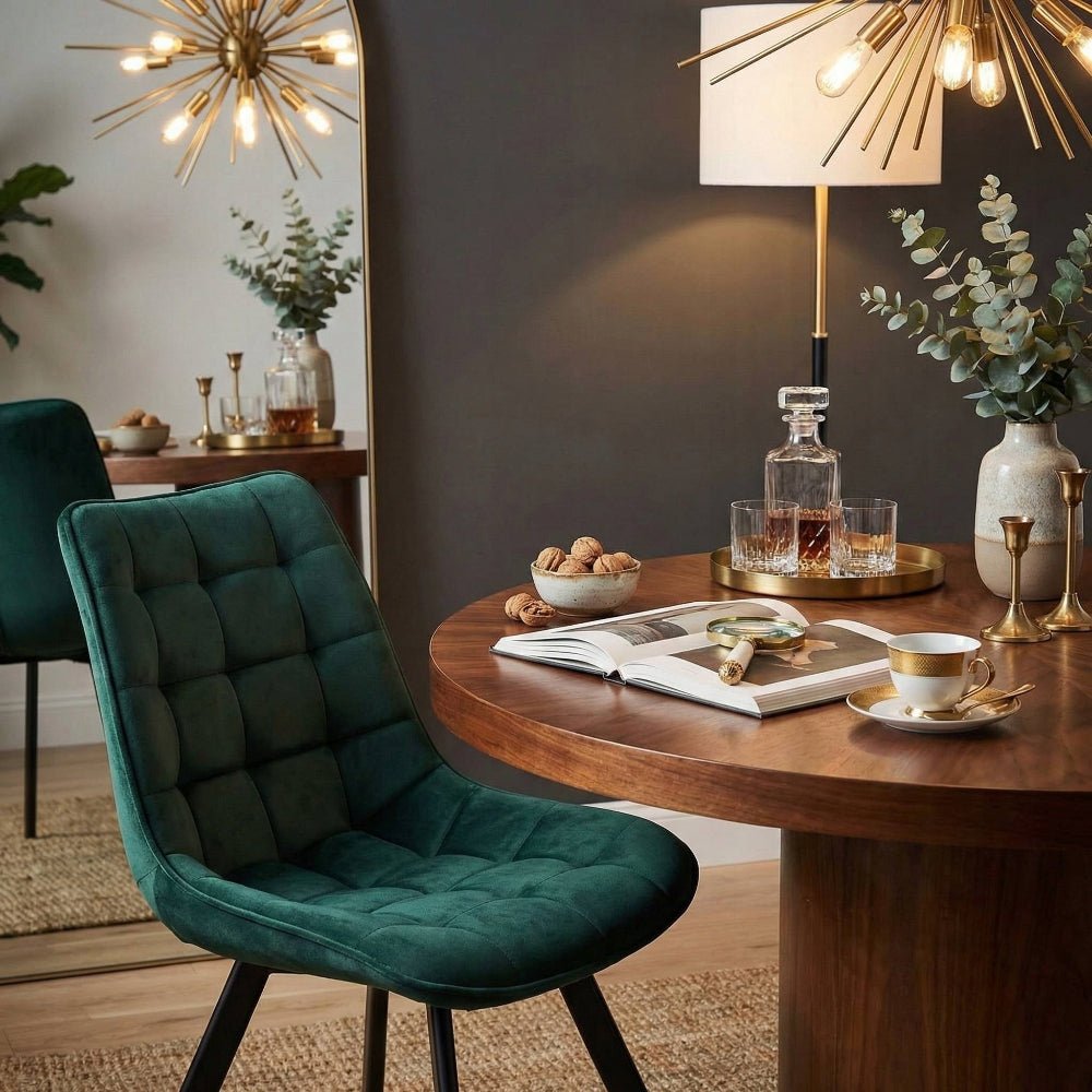Scaun tapitat din catifea, culoare verde, picioare metalice negre, stil loft, pentru living si dining, 84 cm - Reelken