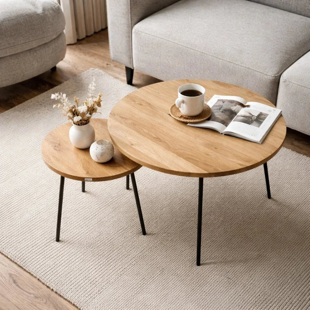 Set 2 Masute Cafea Rotunde Stejar Masiv – 50 cm si 90 cm – Design Modern, Rezistente, Montaj Rapid - Reelken