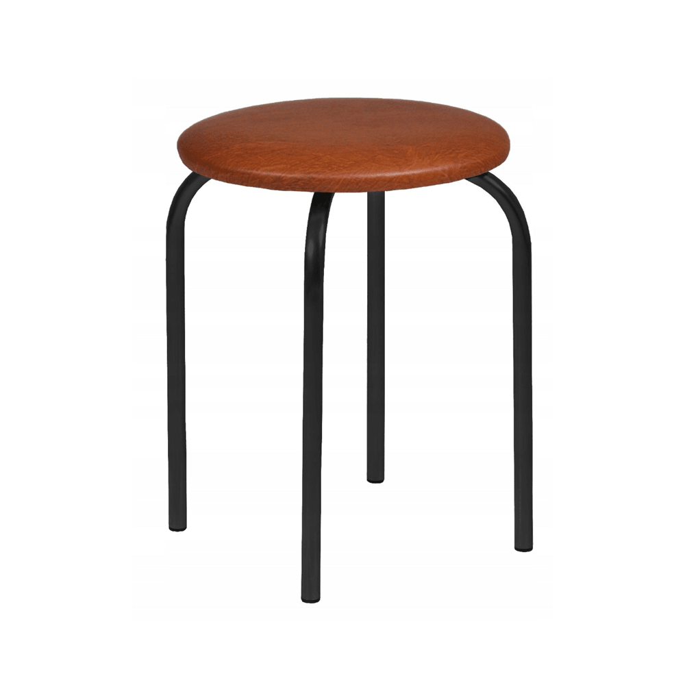 Taburet tapitat cu piele ecologica maro deschis, picioare metalice negre, pentru bucatarie si dining, 49 cm, - Reelken